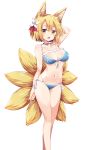  1girl animal_ears arm_at_side arm_up bangs bare_arms bare_legs bare_shoulders bikini blonde_hair blue_bikini breasts cleavage collar eyebrows_visible_through_hair flower fox_ears fox_tail front-tie_bikini front-tie_top groin hair_flower hair_ornament highres looking_at_viewer maturiuta_sorato medium_breasts multiple_tails navel open_mouth shiny shiny_skin side-tie_bikini simple_background solo standing stomach swimsuit tail touhou white_background white_flower yakumo_ran yellow_eyes 