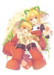 2girls arm_around_shoulder bare_arms blonde_hair blush boots breasts child dress flower full_body grass green_ribbon hair_ornament hair_ribbon happy high_ponytail knees_together_feet_apart long_hair long_sleeves looking_at_viewer looking_to_the_side medium_breasts multiple_girls multiple_persona older open_mouth ponytail red_dress red_footwear rento_(rukeai) ribbon rockman rockman_(classic) rockman_8 roll shoes sidelocks sitting smile teeth white_background 
