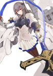  1girl azur_lane bangs boots breasts brown_legwear closed_mouth corset cross-laced_footwear diamond_(shape) elbow_pads eyebrows eyebrows_visible_through_hair fleur_de_lis frown gauntlets grey_hair hair_between_eyes hair_ornament highres holding holding_spear holding_weapon lace-up_boots large_breasts left-handed long_hair looking_at_viewer machinery miniskirt mitcheru mole mole_under_eye outstretched_arm pantyhose pleated_skirt polearm red_eyes saint-louis_(azur_lane) sidelocks skirt solo spear standing turret weapon white_footwear white_skirt 