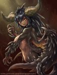  1girl black_hair claws dark_skin dragon_girl dragon_horns dragon_tail dragon_wings horns looking_at_viewer looking_back maxa&#039; monster_girl monster_hunter nergigante personification scales smile solo spines tail wings yellow_eyes 