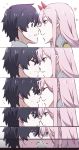  1boy 1girl black_hair blue_eyes blush closed_eyes couple darling_in_the_franxx face-to-face flying_sweatdrops green_eyes highres hiro_(darling_in_the_franxx) horns leje39 long_hair looking_at_viewer oni_horns pink_hair short_hair zero_two_(darling_in_the_franxx) 