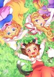  3girls :3 :d animal_ears arm_above_head blonde_hair blue_eyes blush bow brown_hair cat_ears cat_tail chen chen_(cat) chestnut_mouth clover cowboy_shot dress elbow_gloves fangs fingers_together fox_tail from_above gloves grass hair_ribbon hands_in_sleeves hat hat_ribbon hat_with_ears high_collar highres ibaraki_natou long_hair long_sleeves looking_at_viewer lying mob_cap multiple_girls multiple_tails neck_ribbon on_back on_grass on_ground on_side open_mouth puffy_short_sleeves puffy_sleeves purple_dress red_eyes red_ribbon red_skirt red_vest ribbon shirt short_hair short_sleeves signature skirt smile tabard tail tassel teeth touhou tress_ribbon vest white_bow white_gloves white_shirt yakumo_ran yakumo_yukari 