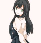  1girl arms_behind_back asashio_(kantai_collection) bangs beige_background belt belt_buckle black_dress black_hair buckle closed_mouth dress from_side green_eyes kantai_collection kuon_(shahonoo) long_hair long_sleeves looking_at_viewer looking_to_the_side shirt simple_background smile solo upper_body v-shaped_eyebrows white_shirt 