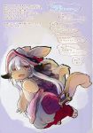  1girl absurdres animal_ears blush brown_eyes eyebrows_visible_through_hair fang furry highres long_hair looking_at_viewer made_in_abyss nanachi_(made_in_abyss) open_mouth pointing rabbit_ears smile solo translation_request tsukushi_akihito white_hair 