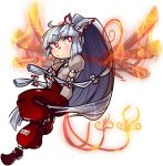  1girl baggy_pants bangs blunt_bangs bow dosh eyebrows_visible_through_hair fiery_wings fire fujiwara_no_mokou full_body hair_bow hair_ribbon hand_in_pocket high_ponytail knee_up long_hair long_sleeves looking_at_viewer ofuda ofuda_on_clothes pants ponytail red_eyes red_footwear red_pants ribbon shiny shiny_hair shirt shoe_bow shoes sidelocks silver_hair simple_background solo suspenders tail touhou very_long_hair white_background white_pupils wide_ponytail wings 