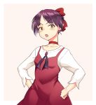  1girl absurdres bangs blunt_bangs blush bow breasts brooch choker collarbone dress eyebrows eyebrows_visible_through_hair fang gegege_no_kitarou hair_bow hands_on_hips highres jewelry long_sleeves looking_at_viewer nekomusume nekomusume_(gegege_no_kitarou_6) okamen open_mouth parted_bangs pointy_ears purple_hair red_bow red_choker red_dress shirt short_hair small_breasts solo undershirt v-shaped_eyebrows white_shirt yellow_eyes 