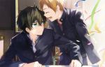  2boys black_hair brown_hair chair closed_eyes confetti desk eye_contact fukube_satoshi gakuran green_eyes hyouka looking_at_another male_focus multiple_boys oreki_houtarou school_desk school_uniform sitting takerusilt upper_body 