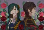  2boys alternate_costume artist_name black_gloves closed_mouth dark_skin dark_skinned_male flower gloves green_hair high_ponytail lips looking_at_viewer male_focus multiple_boys musical_touken_ranbu nikkari_aoe ookurikara parted_lips samurai10932 smile touken_ranbu upper_body yellow_eyes 