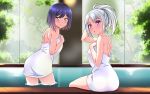  2girls :o arm_up bangs blush closed_mouth commentary_request day eyebrows_visible_through_hair green_eyes hair_up higuchi_kaede indoors leaning_forward looking_at_viewer looking_back multiple_girls naked_towel nijisanji parted_lips pool purple_hair shirihime shizuka_rin short_hair shoulder_blades silver_hair sitting smile standing towel tree violet_eyes virtual_youtuber wading water window 