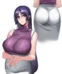 1girl absurdres ass bangs bare_shoulders bra bra_strap breasts business_casual curvy eyebrows_visible_through_hair fate/grand_order fate_(series) formal hands_together highres knatb lace lace_bra large_breasts long_hair looking_at_viewer minamoto_no_raikou_(fate/grand_order) motherly parted_bangs purple_hair ribbed_sweater see-through skirt sleeveless sleeveless_turtleneck sweater turtleneck underwear very_long_hair violet_eyes white_skirt 