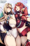  2girls bangs blonde_hair breast_press breasts center_opening character_name cleavage eyebrows_visible_through_hair fingerless_gloves gloves hair_ornament hand_on_own_chest highres mythra_(xenoblade) pyra_(xenoblade) kamaboko_(ossann0125) large_breasts leotard looking_at_viewer midriff multiple_girls navel open_mouth panties pantyshot red_eyes redhead smile swept_bangs symmetrical_docking underwear vambraces xenoblade_(series) xenoblade_2 yellow_eyes 