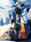  2boys boots darling_in_the_franxx glasses gloves gorou_(darling_in_the_franxx) hand_on_another&#039;s_head highres hiro_(darling_in_the_franxx) male_focus multiple_boys pilot_suit sitting takerusilt white_gloves 