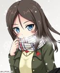  1girl bangs black_hair blue_eyes breath emblem eyebrows_visible_through_hair flipper girls_und_panzer gradient gradient_background green_jacket grey_background jacket long_hair long_sleeves looking_at_viewer nonna open_mouth plaid plaid_scarf pravda_school_uniform red_shirt scarf shirt snowflake_background solo standing sweater swept_bangs upper_body v-neck white_sweater winter_uniform 