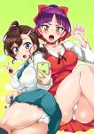  2girls aoi_manabu bangs blue_eyes blunt_bangs blush bow bra bra_peek breasts brown_hair choker dress fang fingernails gegege_no_kitarou hair_ornament hairclip inuyama_mana large_breasts multiple_girls necktie nekomusume nekomusume_(gegege_no_kitarou_6) open_mouth panties pantyhose paw_pose phone pointy_ears polka_dot polka_dot_background purple_hair red_bow red_dress school_uniform serafuku sharp_fingernails shiny shiny_skin short_ponytail underwear white_panties yellow_eyes 