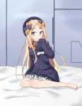  1girl :o abigail_williams_(fate/grand_order) absurdres bangs barefoot bed_sheet black_bow black_dress black_hat blonde_hair bloomers blue_eyes blush bow breasts bug butterfly commentary_request dress eyebrows_visible_through_hair fate/grand_order fate_(series) forehead hair_bow hand_up hat highres indoors insect long_hair long_sleeves looking_at_viewer orange_bow parted_bangs parted_lips polka_dot polka_dot_bow sitting sleeves_past_fingers sleeves_past_wrists small_breasts solo sugihiro underwear very_long_hair white_bloomers yokozuwari 