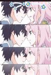  1boy 1girl black_hair blue_eyes blush closed_eyes couple darling_in_the_franxx face-to-face green_eyes highres hiro_(darling_in_the_franxx) horns leje39 long_hair looking_at_viewer oni_horns pink_hair short_hair star zero_two_(darling_in_the_franxx) 