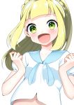  1girl :d absurdres blonde_hair collarbone floating_hair green_eyes highres lillie_(pokemon) long_hair looking_at_viewer midriff navel open_mouth pokemon pokemon_(game) pokemon_sm shirt short_sleeves sidelocks simple_background smile solo stomach upper_body white_background white_shirt yuihiko 