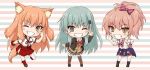  3girls animal_ears aqua_eyes aqua_hair ascot blonde_hair bow bowtie breasts brown_footwear brown_legwear brown_skirt cardigan chibi clothes_around_waist eyebrows_visible_through_hair fate/extra fate/extra_ccc fate/extra_ccc_fox_tail fate_(series) fox_ears grin gyaru hair_bow hair_ornament hairclip idolmaster idolmaster_cinderella_girls jacket_around_waist japanese_clothes jougasaki_mika kantai_collection large_breasts loafers long_hair looking_at_viewer multiple_girls one_eye_closed open_cardigan open_clothes pink_hair plaid plaid_skirt pleated_skirt ponytail purple_skirt red_footwear remodel_(kantai_collection) school_uniform shirt shoes short_hair short_sleeves simple_background skirt smile striped striped_background suien suzuka_gozen_(fate) suzuya_(kantai_collection) thigh-highs white_shirt yellow_eyes 