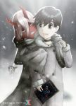  1boy 1girl black_hair blue_eyes book coat couple darling_in_the_franxx green_eyes grey_coat hiro_(darling_in_the_franxx) holding holding_book horns john_carvie long_hair looking_back oni_horns parka pink_hair red_sclera red_skin short_hair snow snowing winter_clothes winter_coat zero_two_(darling_in_the_franxx) 
