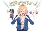  1girl bangs blue_eyes blue_jacket bow brown_hair closed_eyes doughnut eyepatch food hair_bow holding holding_weapon jacket long_sleeves looking_at_viewer mimuji_(shirobako) miyamori_aoi open_mouth parted_bangs pom_pom_(clothes) ponkan_8 roro_(shirobako) shirobako shirt short_hair shouting simple_background solo stuffed_animal stuffed_toy sword teddy_bear translation_request upper_body weapon white_background white_shirt wooden_sword 