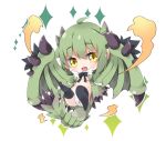  1girl :d ahoge ass bangs breasts chibi commentary_request dragon_girl dragon_horns dragon_tail dragon_wings dress eyebrows_visible_through_hair fang full_body green_dress green_hair green_wings hair_between_eyes horns medium_breasts milkpanda monster_hunter navel no_shoes open_clothes open_dress open_mouth panties personification smile soles solo sparkle tail thigh-highs under_boob underwear white_background white_legwear white_panties wings yellow_eyes 