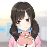  1girl black_hair blurry blurry_background box gift gift_box head_tilt highres holding holding_box iwamotochou_geinousha kurihara_sakurako long_hair looking_away neckerchief pink_sweater red_neckwear school_uniform shirt smile solo sweater twintails uniform upper_body white_shirt 