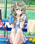  1girl :d absurdres ball black_eyes blush breasts brown_hair cleavage collarbone day grey_shirt grey_skirt head_tilt highres holding long_hair looking_at_viewer miniskirt open_mouth outdoors racket school_fanfare shirt short_sleeves sitting skirt small_breasts smile solo sweatdrop tennis_ball tennis_racket wristband 