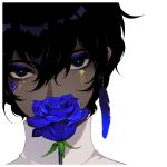  1boy arjuna_(fate/grand_order) black_eyes black_hair blue_eyeshadow blue_feather blue_flower blue_rose covered_mouth dark_skin dark_skinned_male face facepaint fate/grand_order fate_(series) feather_hair_ornament flower highres mochizuki_kei rose 