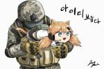  1boy 1girl :3 :d aiming ammunition_pouch animal_ears bangs black_footwear black_shorts boots brown_gloves bulletproof_vest cat_ears cat_girl cat_tail chibi commentary covered_eyes digital_camouflage elbow_pads fang girls_frontline gloves grey_eyes hair_between_eyes hair_ornament hairclip hands_up headset helmet helmet_over_eyes holding idw_(girls_frontline) jazzjack knee_boots korean long_hair long_sleeves military military_uniform open_mouth orange_hair parted_bangs pouch shirt short_shorts short_twintails shorts signature simple_background smile sound_effects standing tail translation_request twintails unconventional_gun uniform v-shaped_eyebrows visor white_background white_shirt 
