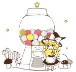  1girl apron blonde_hair bow braid candy chibi dispenser eating food hair_bow hat hat_bow kirisame_marisa mozukuzu_(manukedori) mushroom stipple_coloring touhou white_bow witch_hat yellow_eyes 