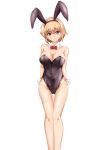  1girl absurdres animal_ears arms_behind_back bare_shoulders black_leotard blonde_hair bow bowtie breasts bunny_girl bunnysuit cleavage commentary_request detached_collar highres kokushoku_kenban large_breasts leotard looking_at_viewer original rabbit_ears red_eyes red_neckwear short_hair simple_background smile solo standing strapless strapless_leotard thigh_gap watausa_honoka white_background wrist_cuffs 