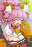  1girl animal_ears bell bell_collar breasts cleavage collar fate_(series) flower fox_ears gloves hair_flower hair_ornament large_breasts long_hair open_mouth paw_gloves paws pink_flower pink_hair ribbon sayano_ako solo tail tamamo_(fate)_(all) tamamo_cat_(fate) 