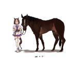  1girl animal_ears animalization brown_hair closed_eyes dated dual_persona frilled_skirt frills horse horse_ears horse_tail miyajo multicolored_hair open_mouth pleated_skirt real_life reins school_uniform short_hair simple_background skirt special_week tail thigh-highs two-tone_hair umamusume white_background white_legwear 