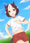  1girl :d absurdres animal_ears belly_peek blue_sky blush bow brown_hair clouds commentary_request day dutch_angle feiyyx gym_shirt gym_shorts gym_uniform hair_bow highres horse_ears horse_girl horse_tail looking_at_viewer multicolored_hair navel open_mouth outdoors purple_bow red_shorts running shirt short_hair short_shorts short_sleeves shorts sky smile solo special_week streaked_hair sweat tail umamusume upper_teeth violet_eyes white_hair white_shirt 