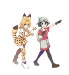  2girls absurdres animal_ears backpack bag blonde_hair blue_eyes boots bow bowtie bucket_hat check_commentary commentary commentary_request elbow_gloves eyebrows_visible_through_hair feathers gloves hat highres kaban_(kemono_friends) kemono_friends loafers multicolored_hair multiple_girls pantyhose paw_pose pointing serval_(kemono_friends) serval_ears serval_print serval_tail shirt shoes short_hair short_sleeves shorts skirt t-shirt tail thigh-highs vest white_background yellow_eyes zaltys zettai_ryouiki 