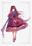  1girl blue_neckwear book bow bowtie capelet closed_mouth dress floating_hair full_body grey_background highres holding holding_book kobuta long_hair long_sleeves looking_at_viewer original purple_hair red_capelet red_eyes red_footwear shoes simple_background solo standing 