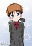  1girl arms_behind_back bangs black_vest blue_eyes blush_stickers brown_hair brown_hat closed_mouth commentary dated emblem eyebrows_visible_through_hair flipper fur_hat girls_und_panzer gradient gradient_background green_jacket grey_background hat head_tilt jacket long_sleeves looking_at_viewer military military_uniform nina_(girls_und_panzer) pravda_military_uniform red_shirt shirt short_hair short_twintails smile snowflake_background solo standing turtleneck twintails twitter_username uniform upper_body ushanka vest zipper 