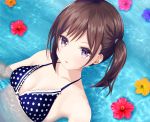  1girl bikini breasts brown_hair collarbone commentary_request flower looking_at_viewer mito_ichijyo original parted_lips partially_submerged polka_dot polka_dot_bikini polka_dot_swimsuit short_hair side_ponytail small_breasts solo swimsuit upper_body violet_eyes water 