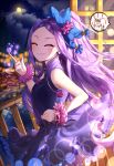  1girl bare_shoulders blush breasts city_lights cityscape closed_eyes clouds dress fate/grand_order fate_(series) forehead frilled_dress frills hair_ornament hm_(wonhml) long_hair moon night night_sky ponytail purple_dress purple_hair scrunchie sky sleeveless sleeveless_dress small_breasts smile solo standing tied_hair wrist_scrunchie wu_zetian_(fate/grand_order) 