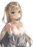  1girl bangs blonde_hair blue_eyes blush breasts cleavage closed_mouth collarbone eyebrows_visible_through_hair girls_frontline hair_between_eyes long_hair looking_at_viewer medium_breasts off_shoulder sabet_(young_ouo) shirt sidelocks simple_background singlet solo suomi_kp31_(girls_frontline) tied_hair white_singlet 