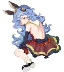 1girl animal_ears backboob backless_outfit bangs bare_back bare_shoulders black_footwear black_gloves blue_hair breasts brown_eyes dress elbow_gloves erune ferry_(granblue_fantasy) full_body gloves granblue_fantasy hair_ornament jewelry long_hair looking_at_viewer looking_back one_eye_closed open-back_dress red_dress sash shiny shiny_skin shoes simple_background single_earring sitting small_breasts socks solo sunao_(souis) thigh_strap wariza wavy_hair white_background white_legwear 