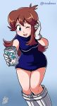  1girl blue_(pokemon) blue_background blue_dress breasts brown_hair can commentary dress english_commentary eyebrows_visible_through_hair gloves highres ian_dimas_de_almeida leaning_forward long_hair one_eye_closed pokemon pokemon_special reaching_out short_dress sidelocks small_breasts soda_can solo turtleneck_dress white_gloves 