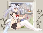  1girl animal_ears azur_lane bare_shoulders black_bow black_skirt bow bowtie breasts brown_eyes cat_ears cup drinking_straw eyebrows_visible_through_hair from_side hair_bow holding holding_tray long_hair looking_at_viewer midriff miicha mug navel no_shoes open_mouth pleated_skirt red_bow sailor_collar sitting skirt small_breasts solo thigh-highs tray twintails twitter_username white_legwear windowsill yukikaze_(azur_lane) 