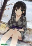  1girl absurdres artist_name black_hair breasts cleavage clouds cloudy_sky collarbone day dutch_angle gochou_(atemonai_heya) green_eyes hair_ornament highres japanese_clothes kimono long_hair looking_at_viewer looking_away medium_breasts obi original outdoors sash sitting sky smile snowing soaking_feet solo 