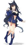  1girl ahoge animal_ears black_hair blue_footwear blush boots breasts cat_ears cleavage commentary fang highres jacket kasuka_(kusuki) large_breasts legs long_hair navel original shadow solo standing standing_on_one_leg thighs very_long_hair white_background yellow_eyes 
