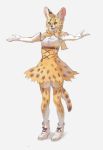  1girl :3 :d animal_ears animal_head ankle_boots boots bow bowtie elbow_gloves full_body gloves grey_background high-waist_skirt kemono_friends open_mouth orange_legwear orange_neckwear orange_skirt outstretched_arms serval serval_(kemono_friends) serval_ears serval_print serval_tail shirt simple_background skirt sleeveless sleeveless_shirt smile solo spread_arms standing tail thigh-highs tunapon01 white_footwear white_gloves white_shirt 