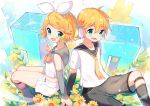  1boy 1girl :d bangs black_sailor_collar black_shorts blonde_hair blue_eyes bow bowtie brother_and_sister commentary_request detached_sleeves eyebrows_visible_through_hair hair_between_eyes hair_ornament hair_ribbon hairclip headphones ikari_(aor3507) kagamine_len kagamine_len_(vocaloid4) kagamine_rin kagamine_rin_(vocaloid4) leg_warmers long_sleeves looking_at_viewer necktie open_mouth orange_neckwear puzzle_piece ribbon sailor_collar school_uniform serafuku shirt short_hair short_shorts short_sleeves shorts siblings sitting sleeveless sleeveless_shirt smile twins v v4x vocaloid white_ribbon white_shirt white_shorts 