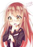  1girl blush brown_hair eyebrows_visible_through_hair glasses hair_between_eyes highres hizaka kantai_collection long_hair looking_at_viewer mochizuki_(kantai_collection) moon open_mouth red_glasses school_uniform serafuku simple_background solo white_background yellow_eyes 