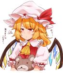  1girl ascot blonde_hair blush closed_mouth commentary_request flandre_scarlet hat labeam pout red_eyes short_hair side_ponytail simple_background sketch solo stuffed_animal stuffed_toy teddy_bear touhou translation_request upper_body white_background wings yellow_neckwear 