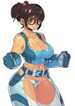  1girl bangs blue_gloves breasts brown_hair eyebrows_visible_through_hair fengmo glasses gloves hair_bun hair_ornament hair_stick large_breasts mei_(overwatch) navel overwatch panties simple_background smile solo tied_hair underwear white_background 
